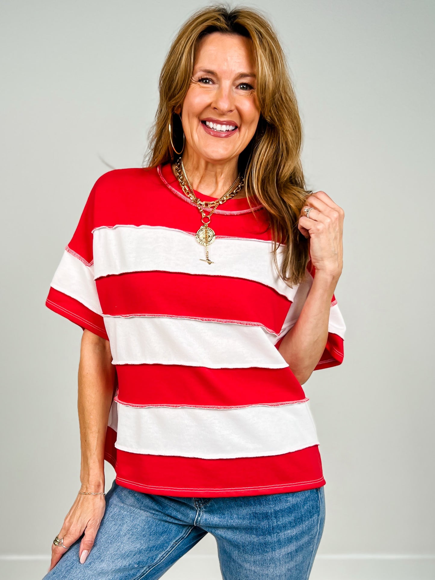 French Terry Striped Exposed Seam Top