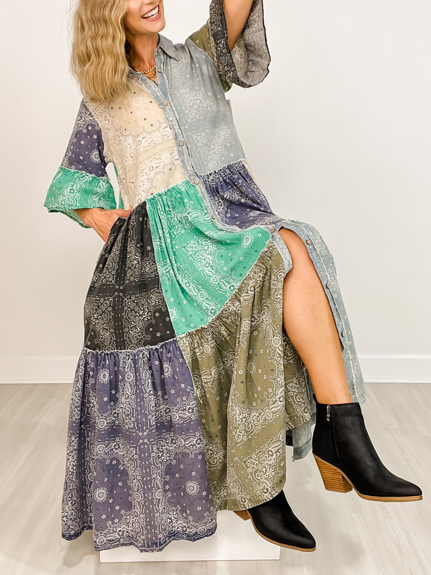 Patchwork Ruffle Sleeve Shirt Maxi Dress