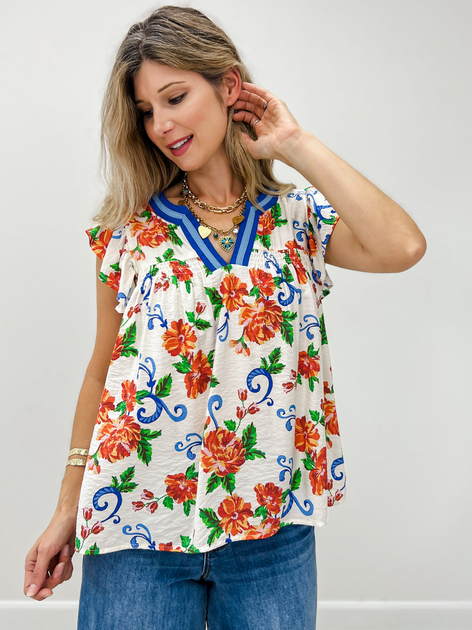 Floral Flutter Sleeve Blouse With Contrast V-Neck Binding