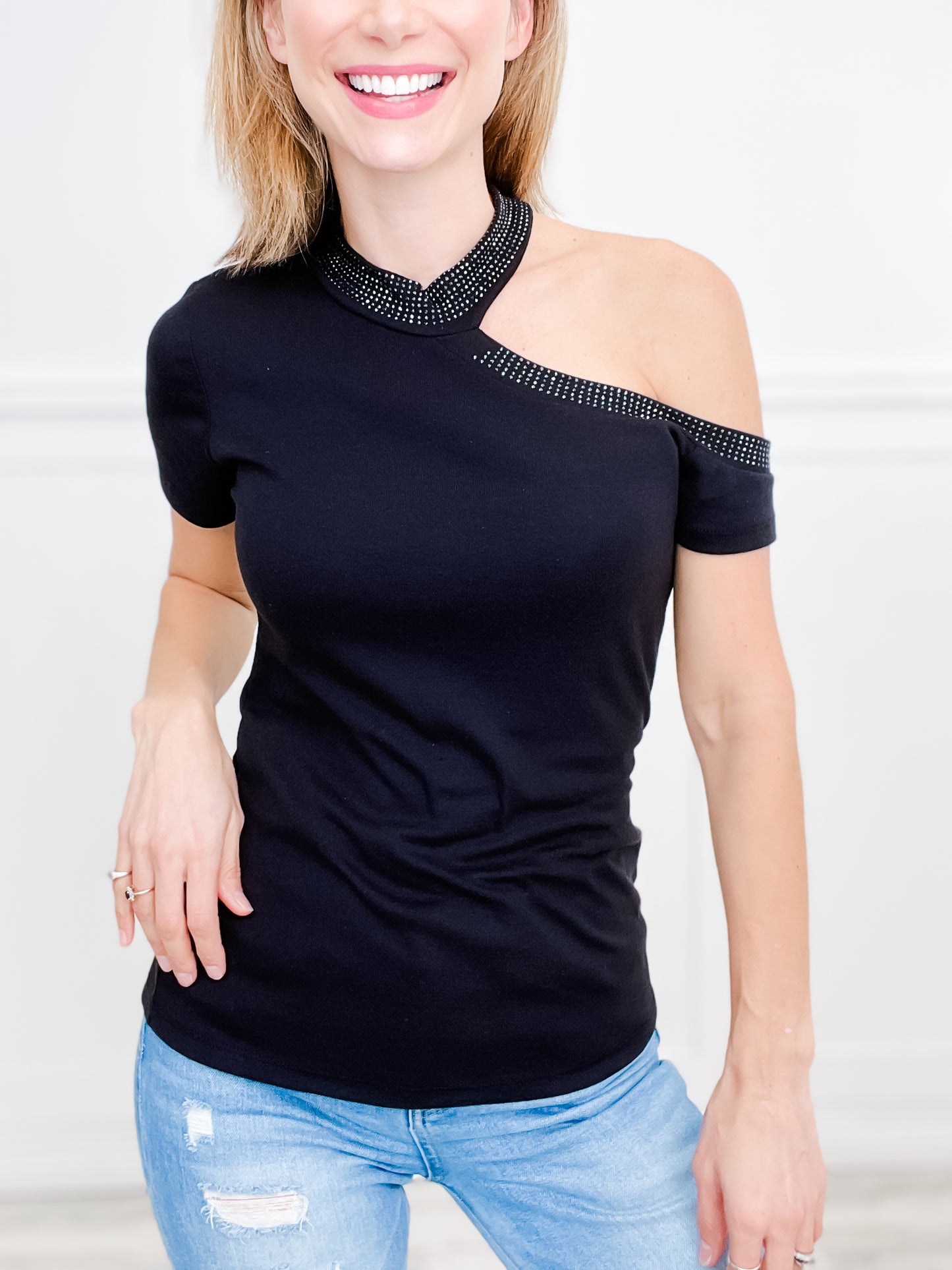 ASYMMETRICAL COLD SHOULDER SHORT SLEEVE TOP WITH RHINESTONES