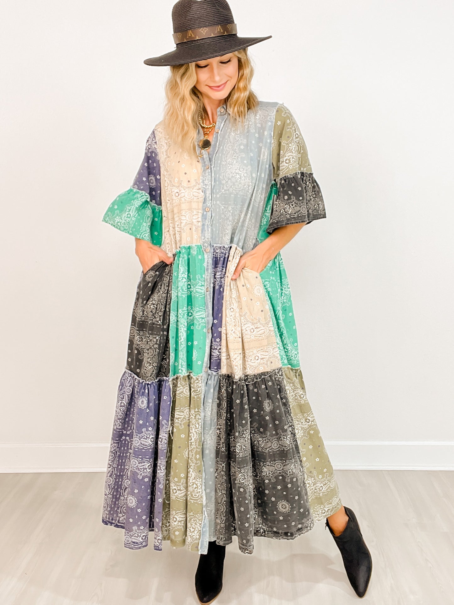 Patchwork Ruffle Sleeve Shirt Maxi Dress