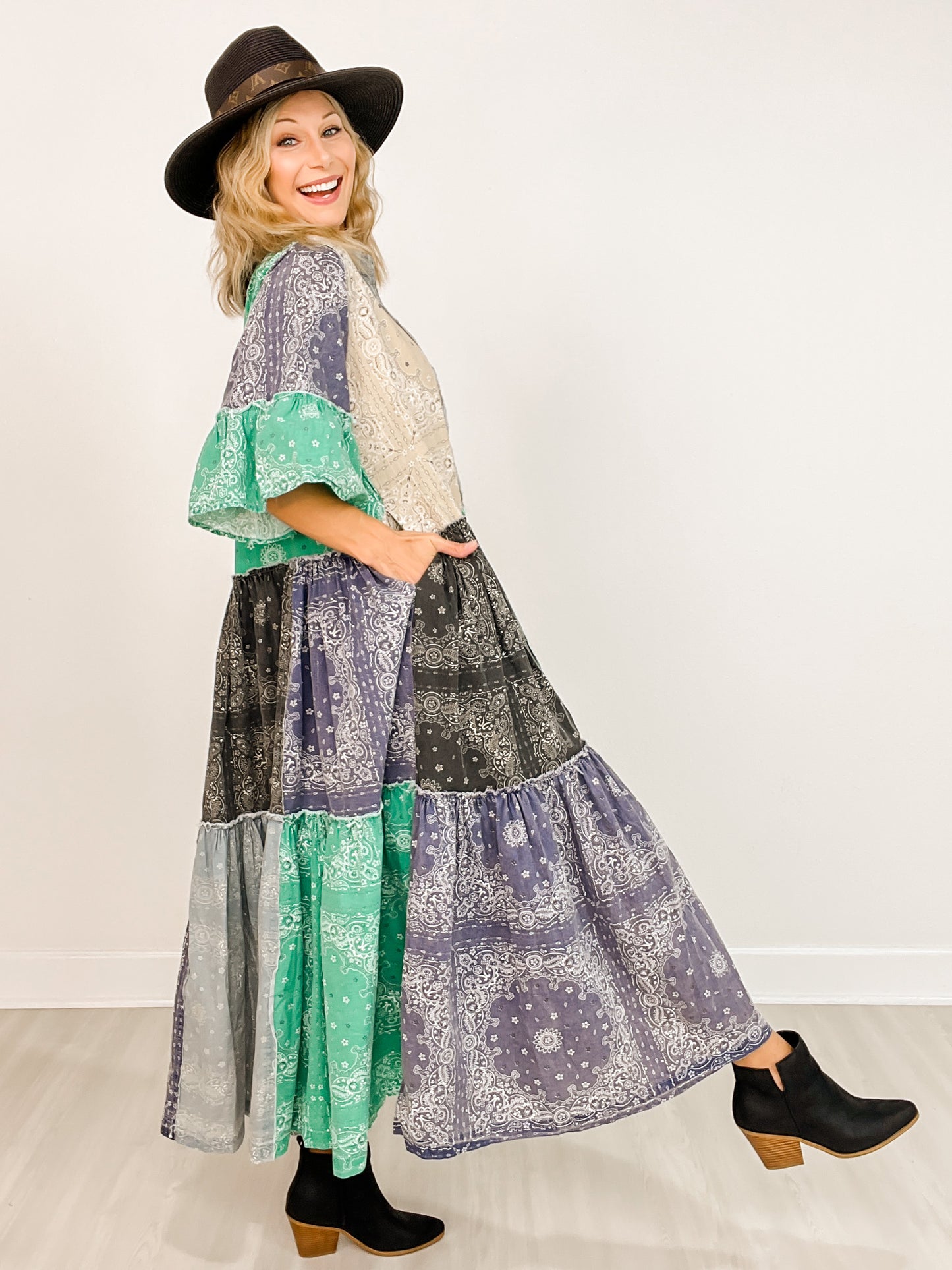 Patchwork Ruffle Sleeve Shirt Maxi Dress