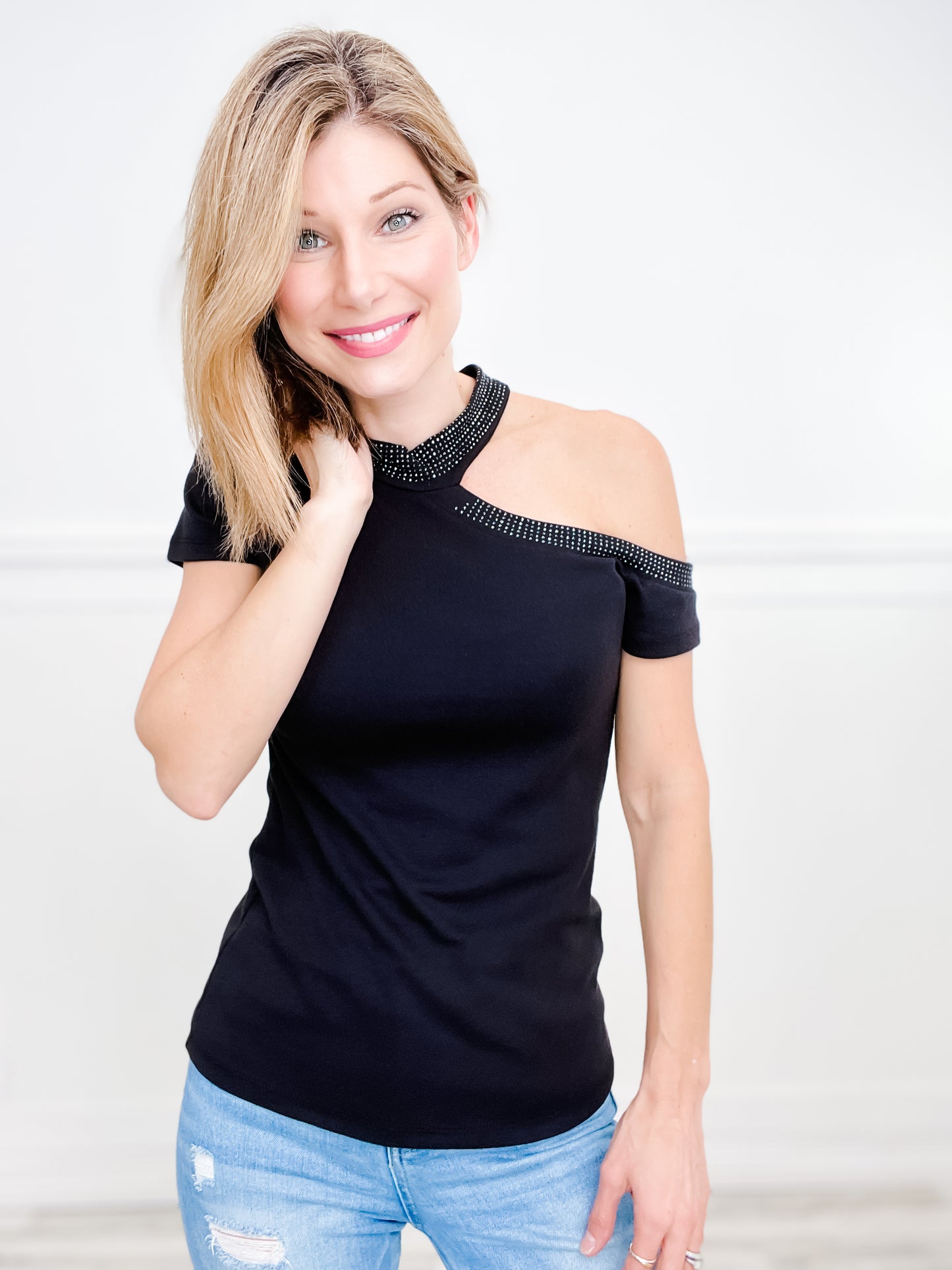 ASYMMETRICAL COLD SHOULDER SHORT SLEEVE TOP WITH RHINESTONES