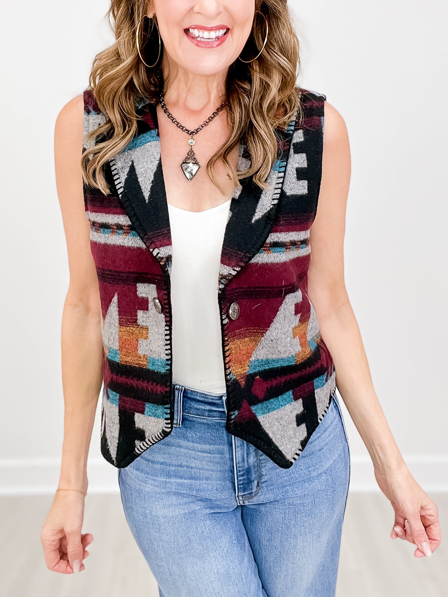 Grey Multi Aztec Wool Concho Button Vest