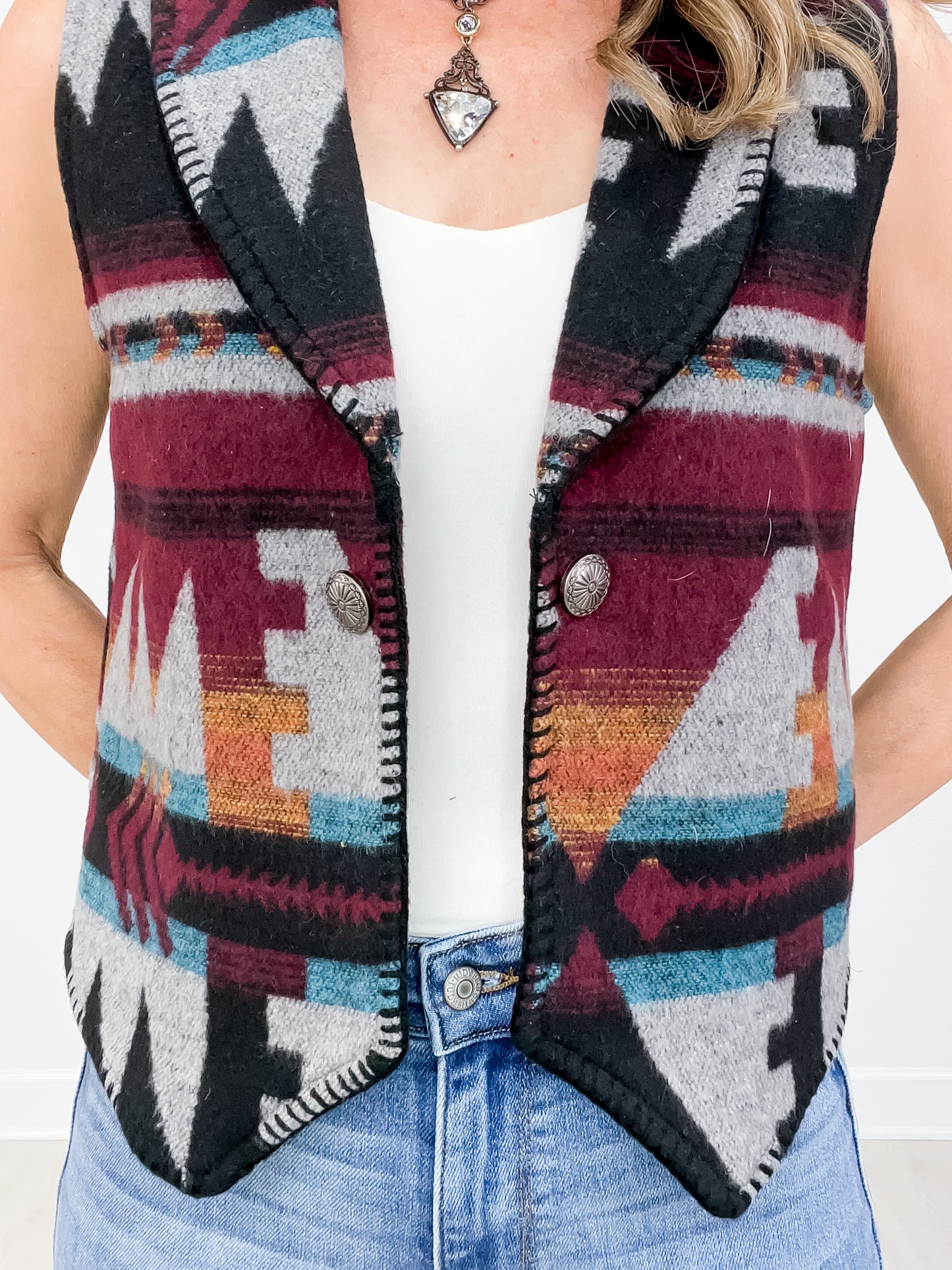 Grey Multi Aztec Wool Concho Button Vest