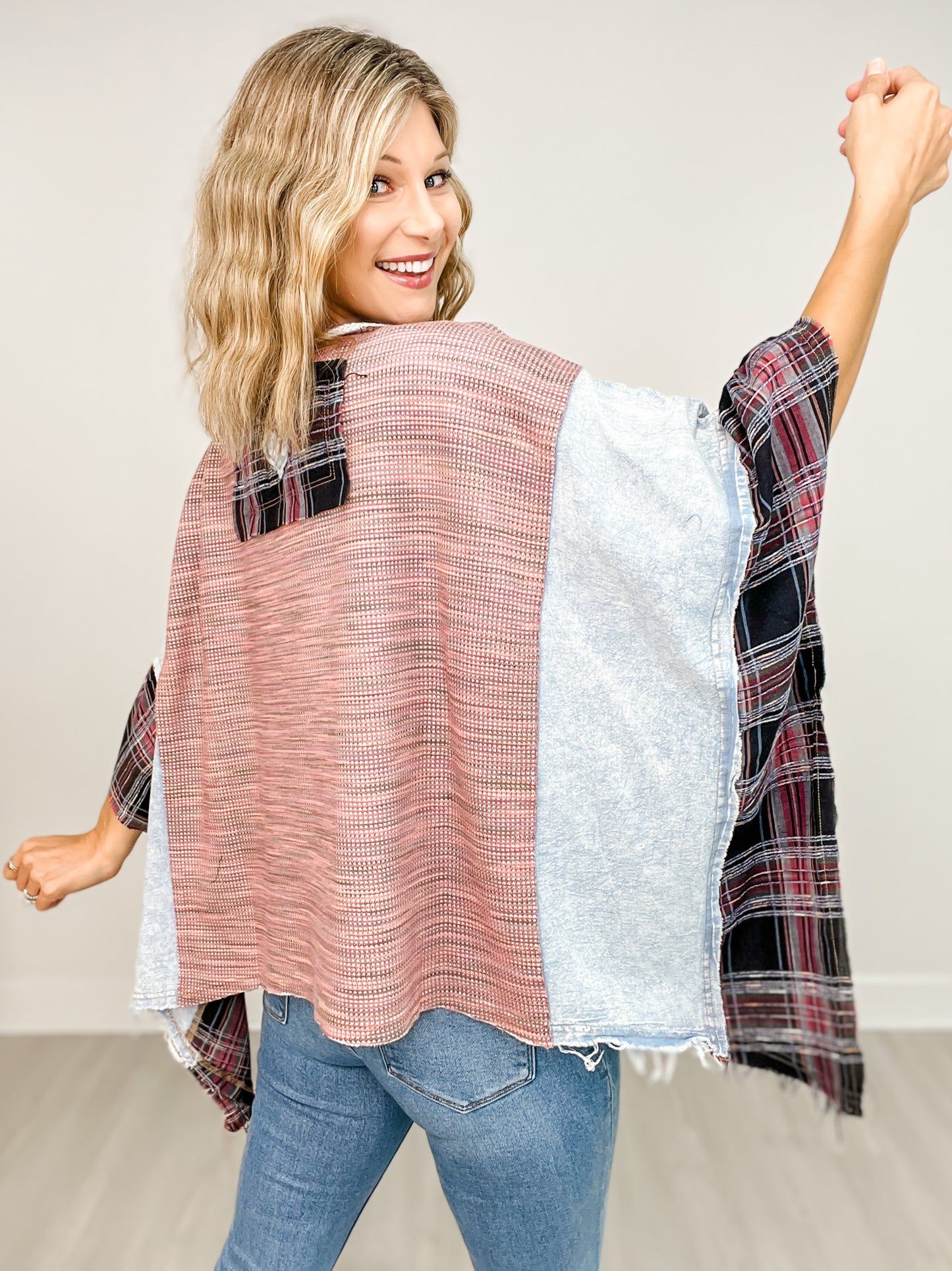 Love Patchwork Detail Mixed Fabric Top