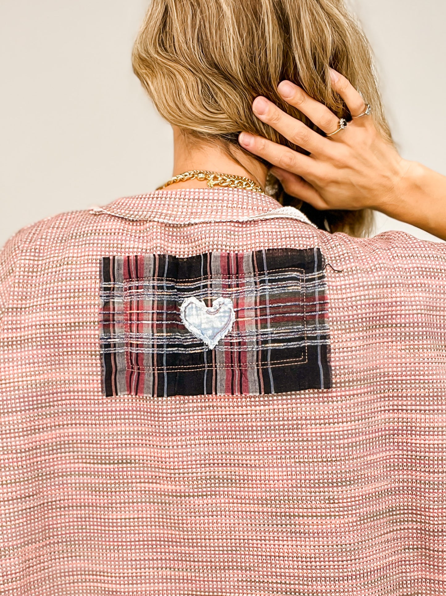 Love Patchwork Detail Mixed Fabric Top