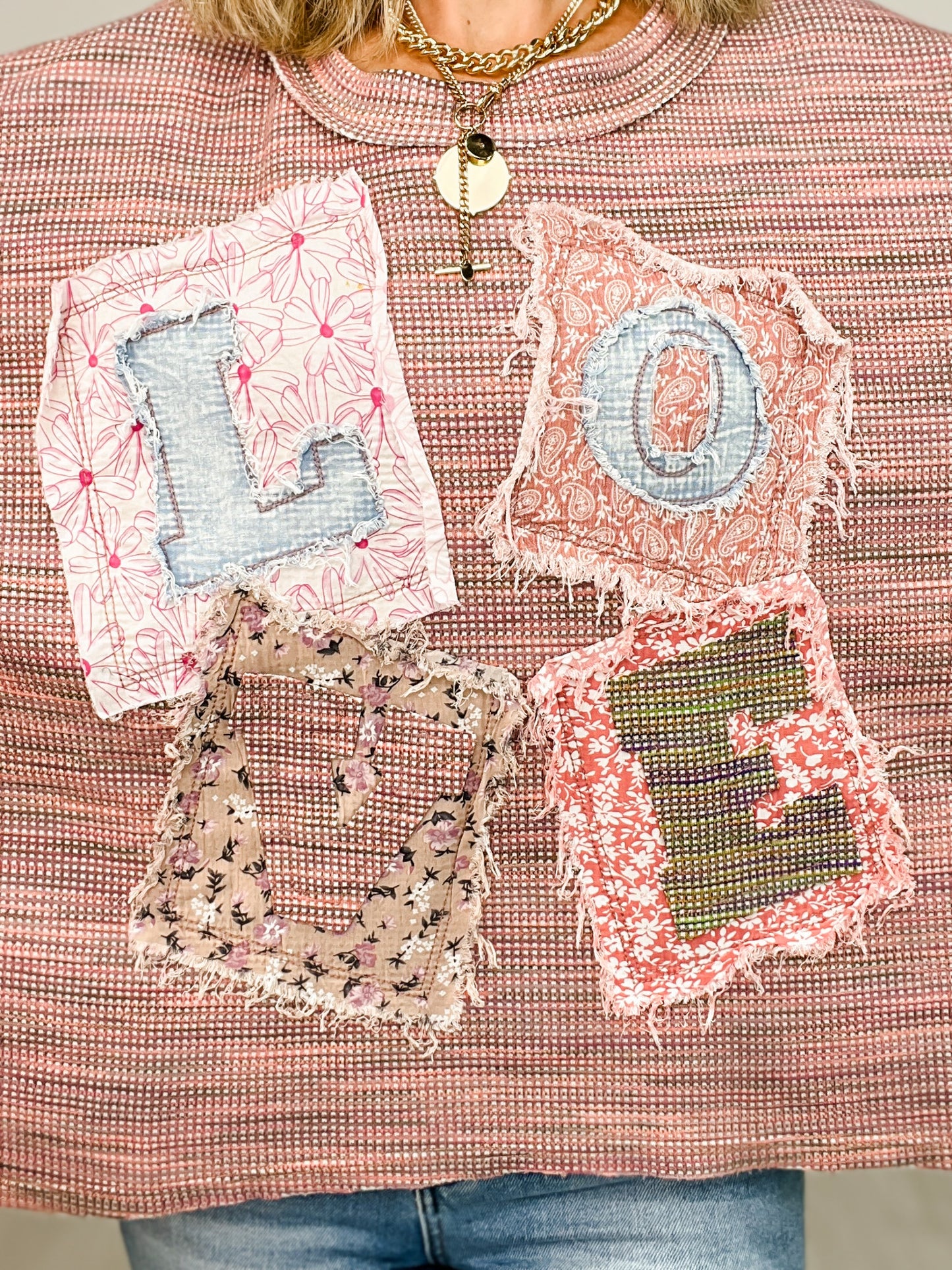 Love Patchwork Detail Mixed Fabric Top