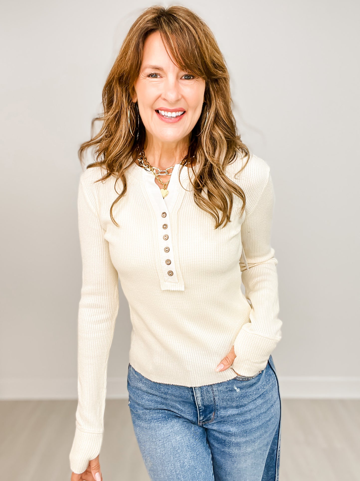 All Day Everyday Mineral Washed Henley Neck Thermal Top