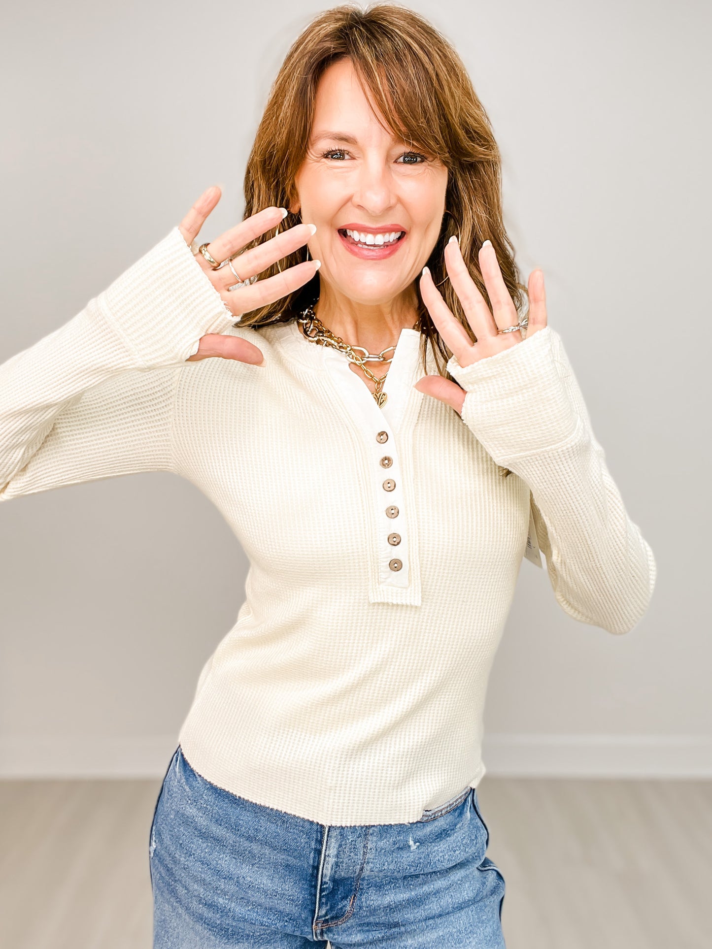 All Day Everyday Mineral Washed Henley Neck Thermal Top