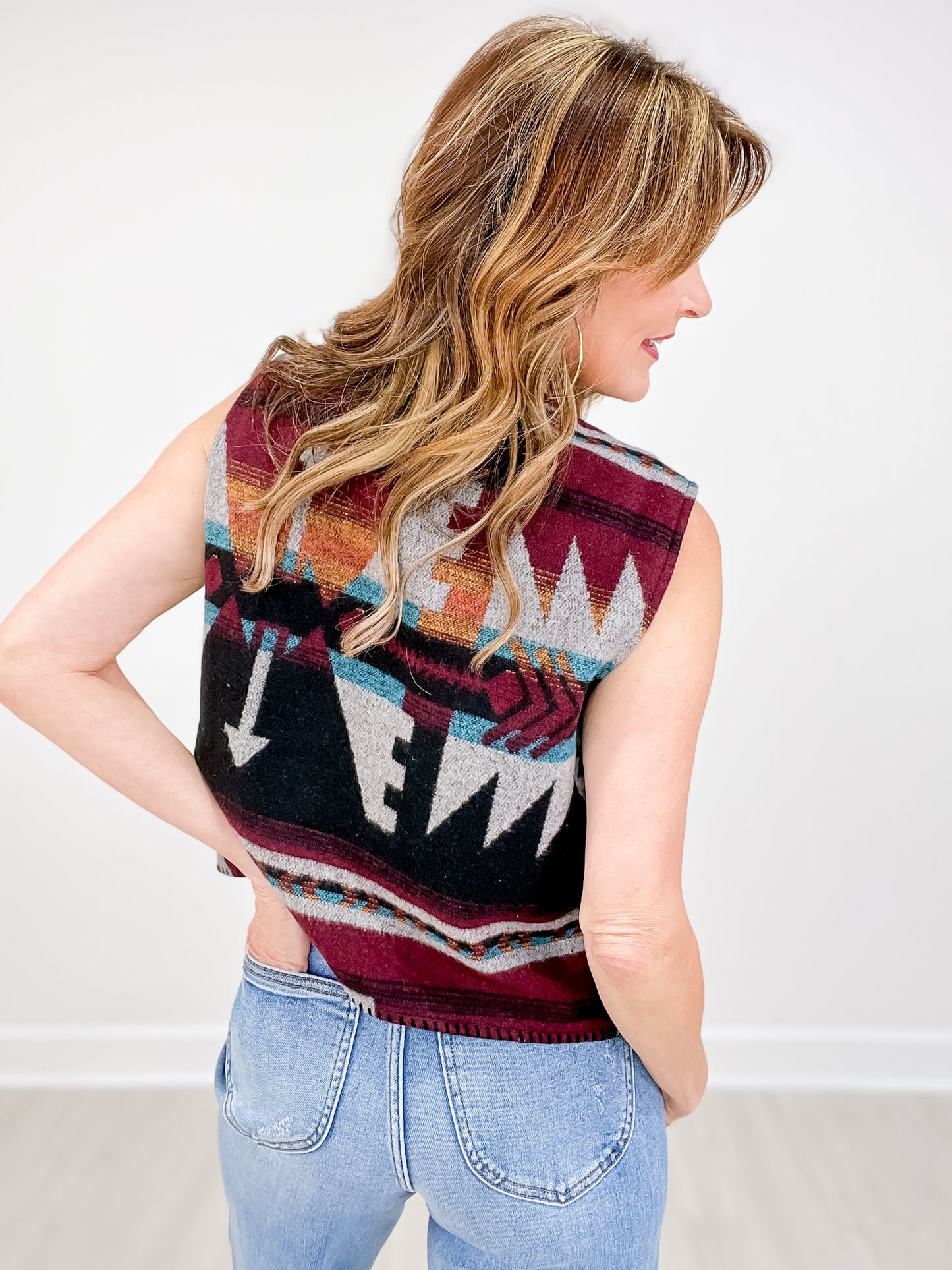 Grey Multi Aztec Wool Concho Button Vest