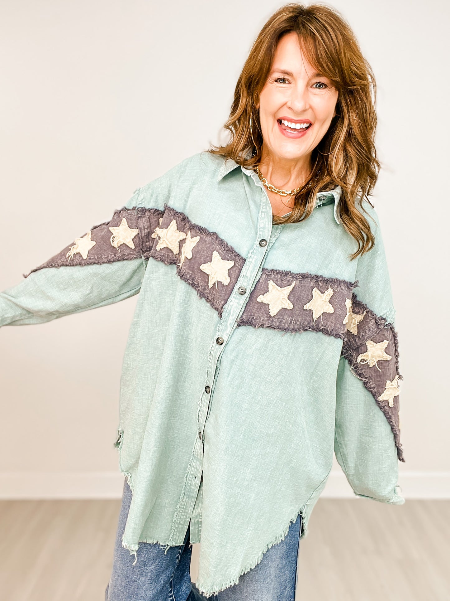 Washed Star Patchwork Button Down Shacket