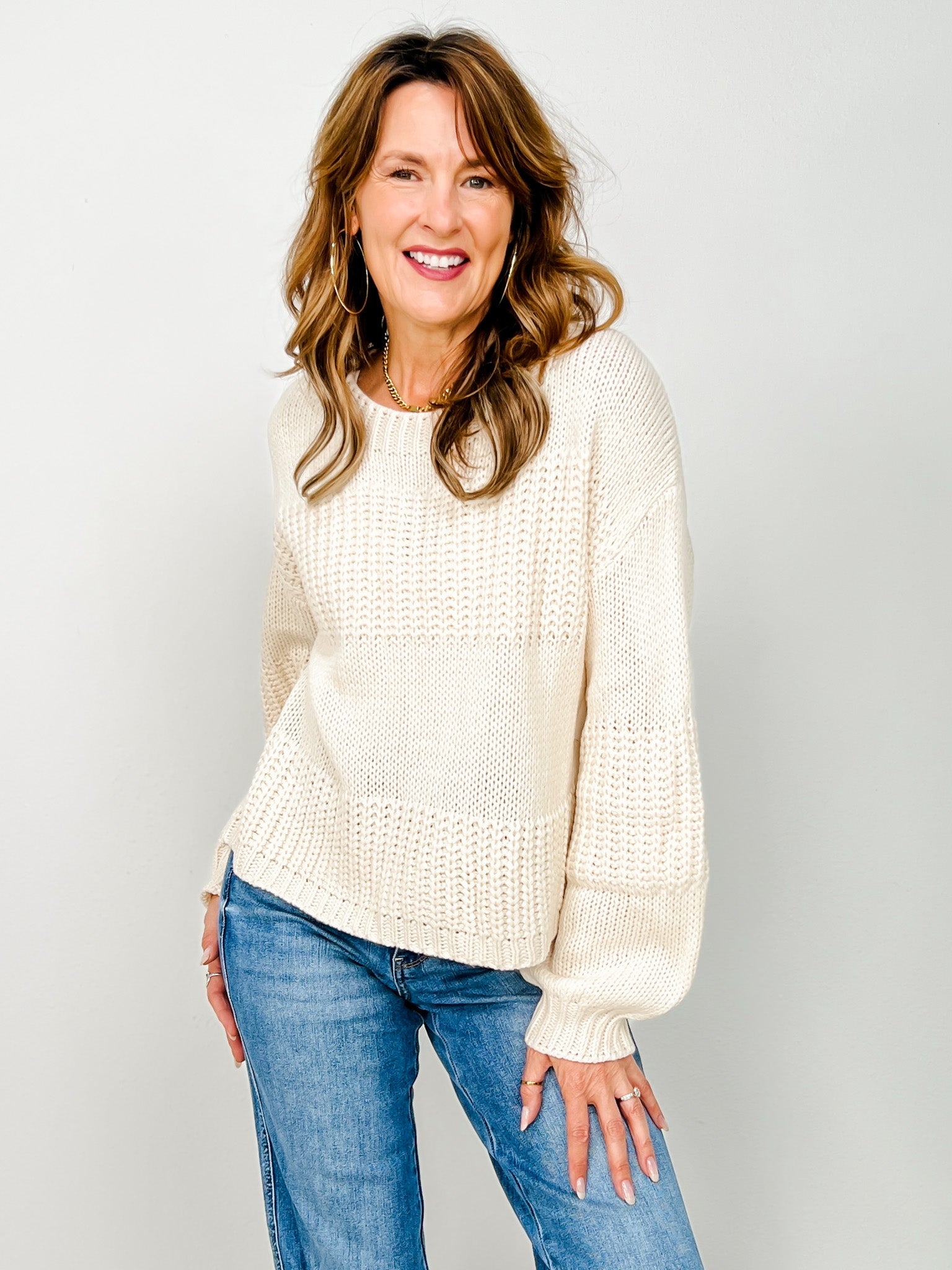 Boatneck Raised Contrast Knit Sweater