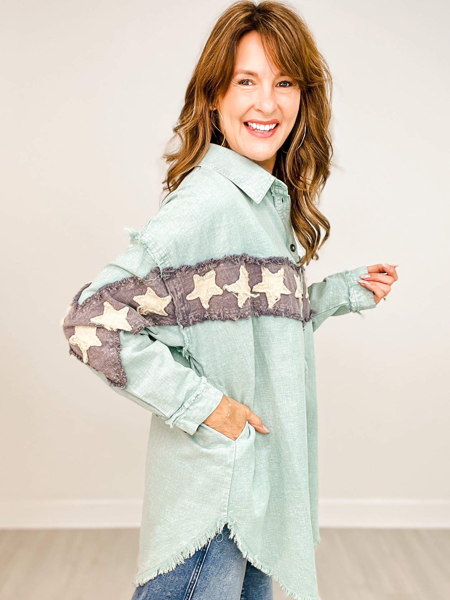 Washed Star Patchwork Button Down Shacket