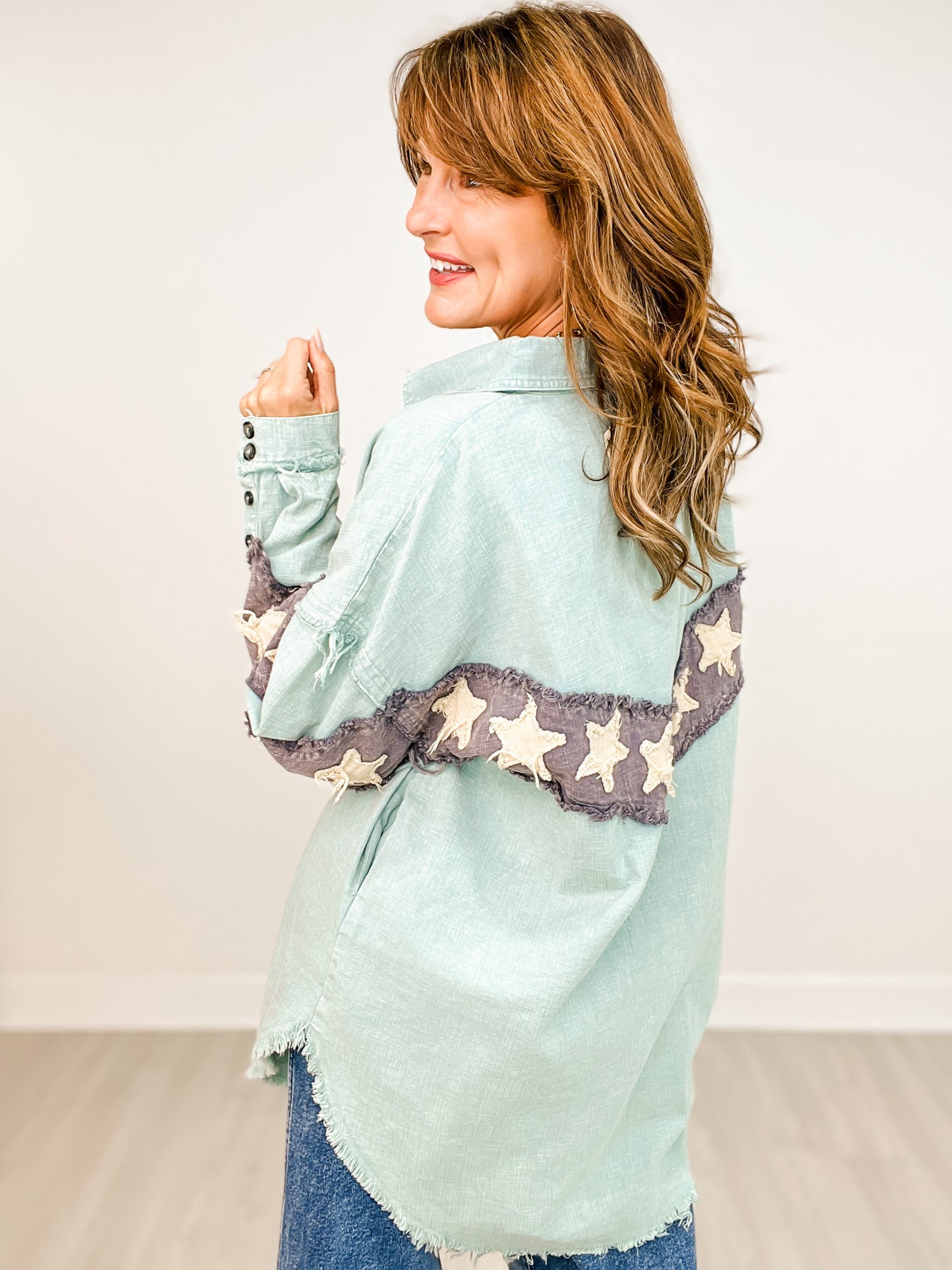 Washed Star Patchwork Button Down Shacket