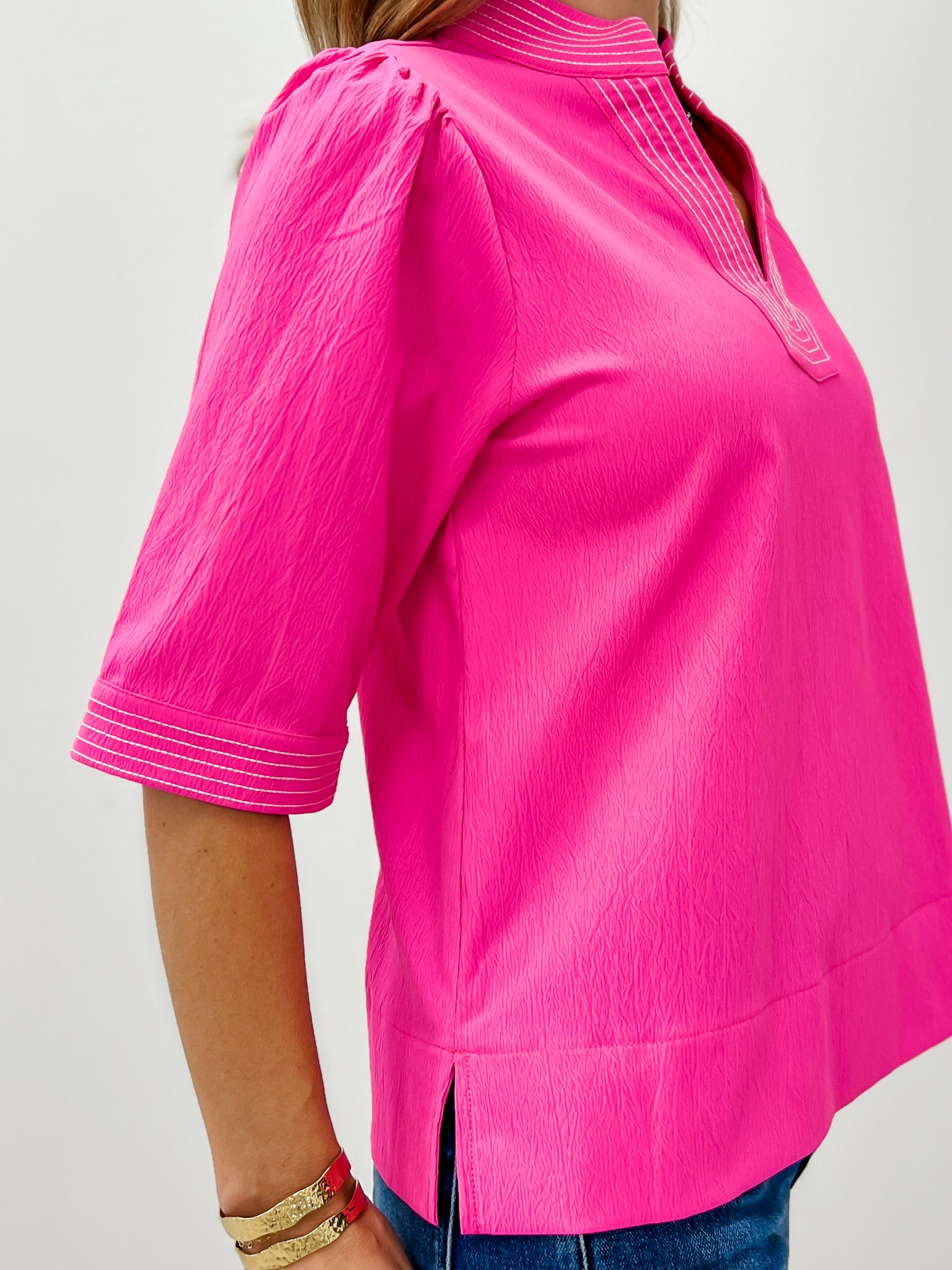 1/2 Sleeve Solid Top With Stitch Detail