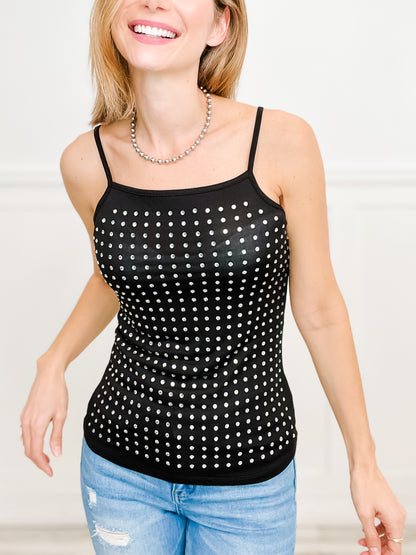 SCOOP NECK SLEEVELESS KNIT CAMISOLE TOP WITH STUDS