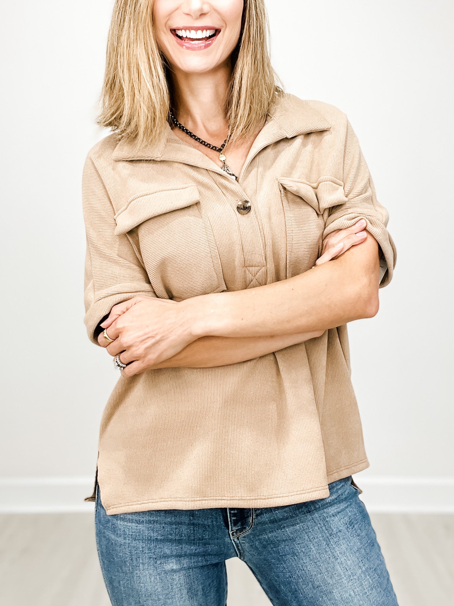 Short Sleeve Waffle Top with Front Button and Accent Pockets