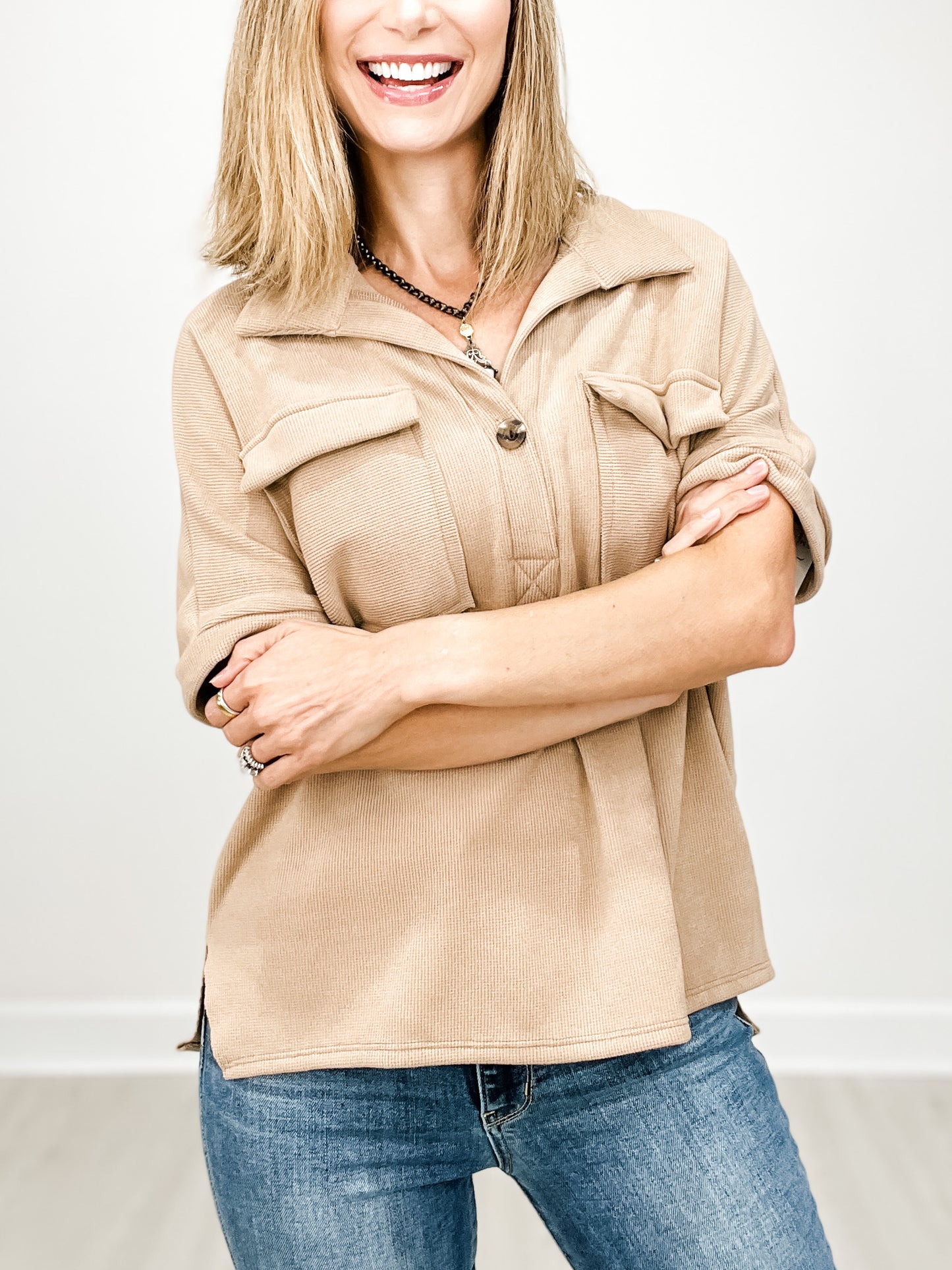 Short Sleeve Waffle Top with Front Button and Accent Pockets