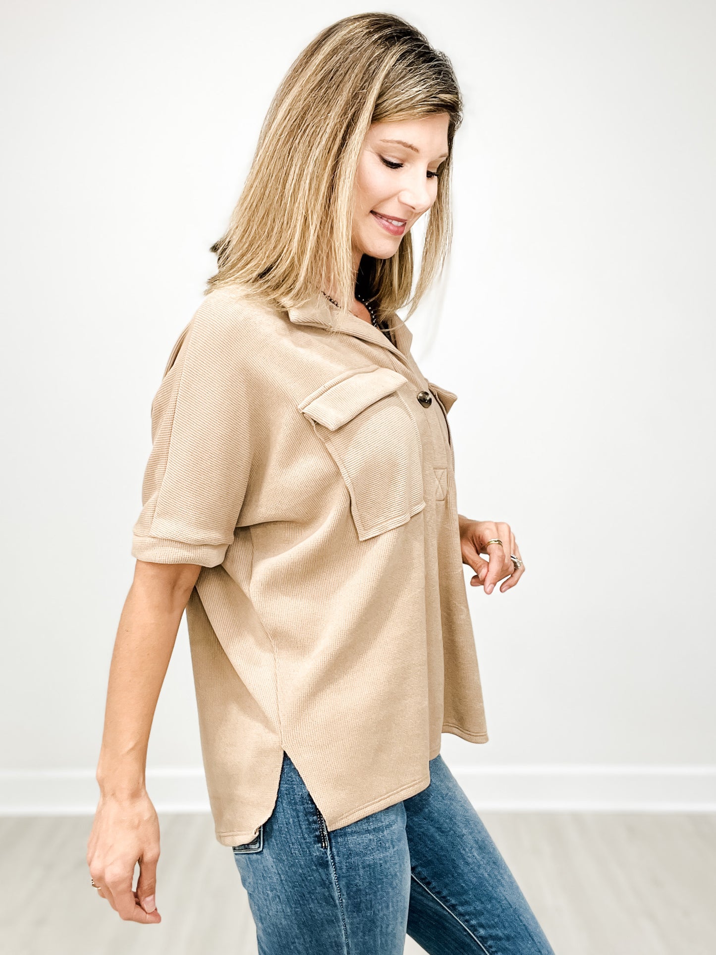 Short Sleeve Waffle Top with Front Button and Accent Pockets