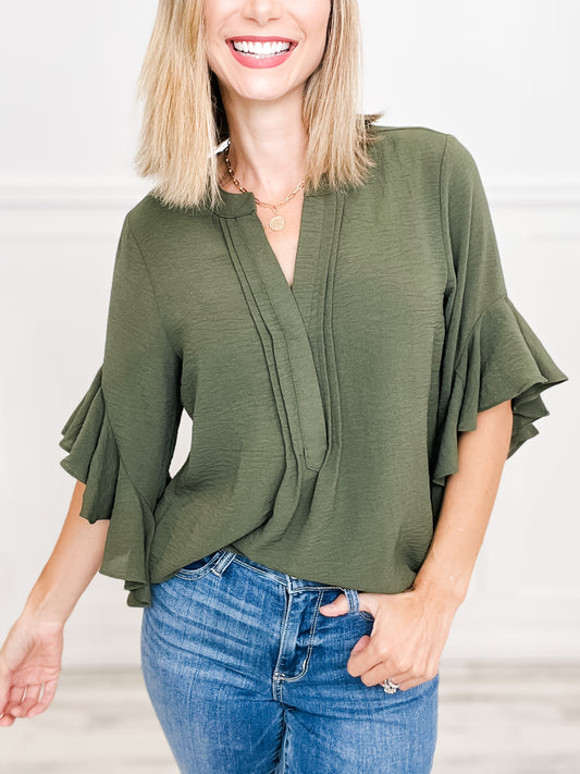 Ruffled Bell Sleeve and Front Pleated Detail Top