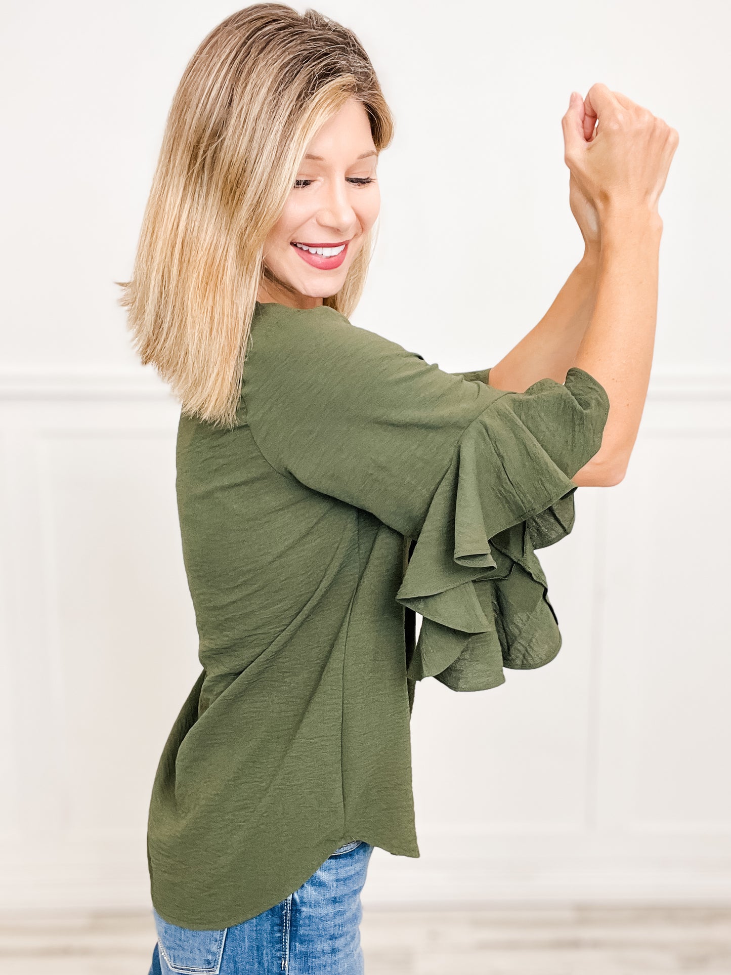 Ruffled Bell Sleeve and Front Pleated Detail Top