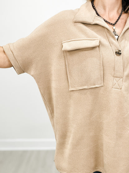 Short Sleeve Waffle Top with Front Button and Accent Pockets