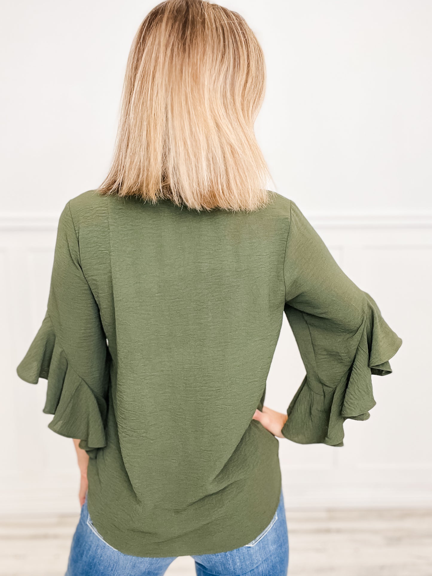Ruffled Bell Sleeve and Front Pleated Detail Top