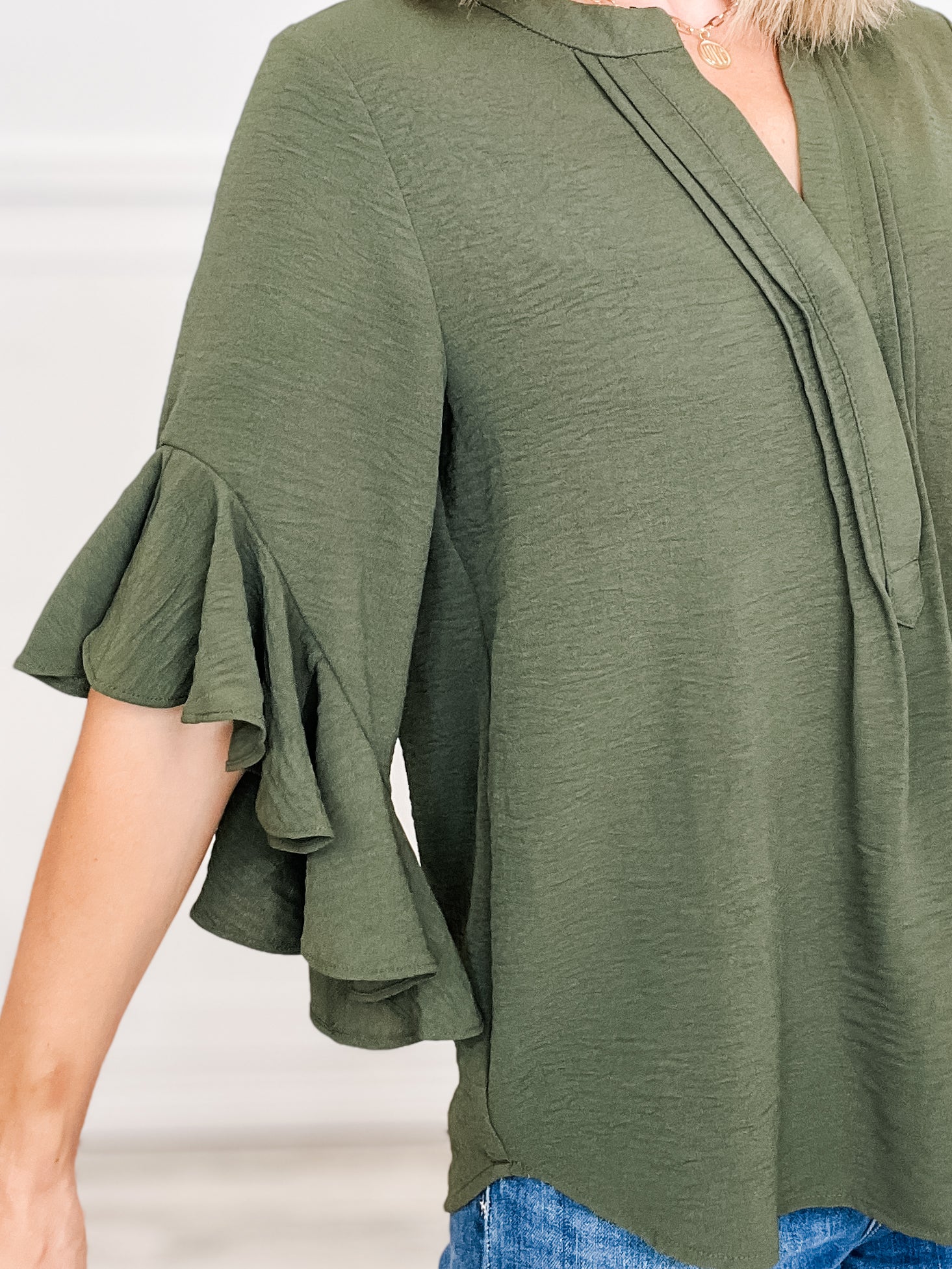Ruffled Bell Sleeve and Front Pleated Detail Top