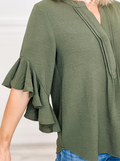 Ruffled Bell Sleeve and Front Pleated Detail Top