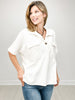 Short Sleeve Waffle Top with Front Button and Accent Pockets