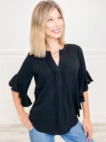 Ruffled Bell Sleeve and Front Pleated Detail Top