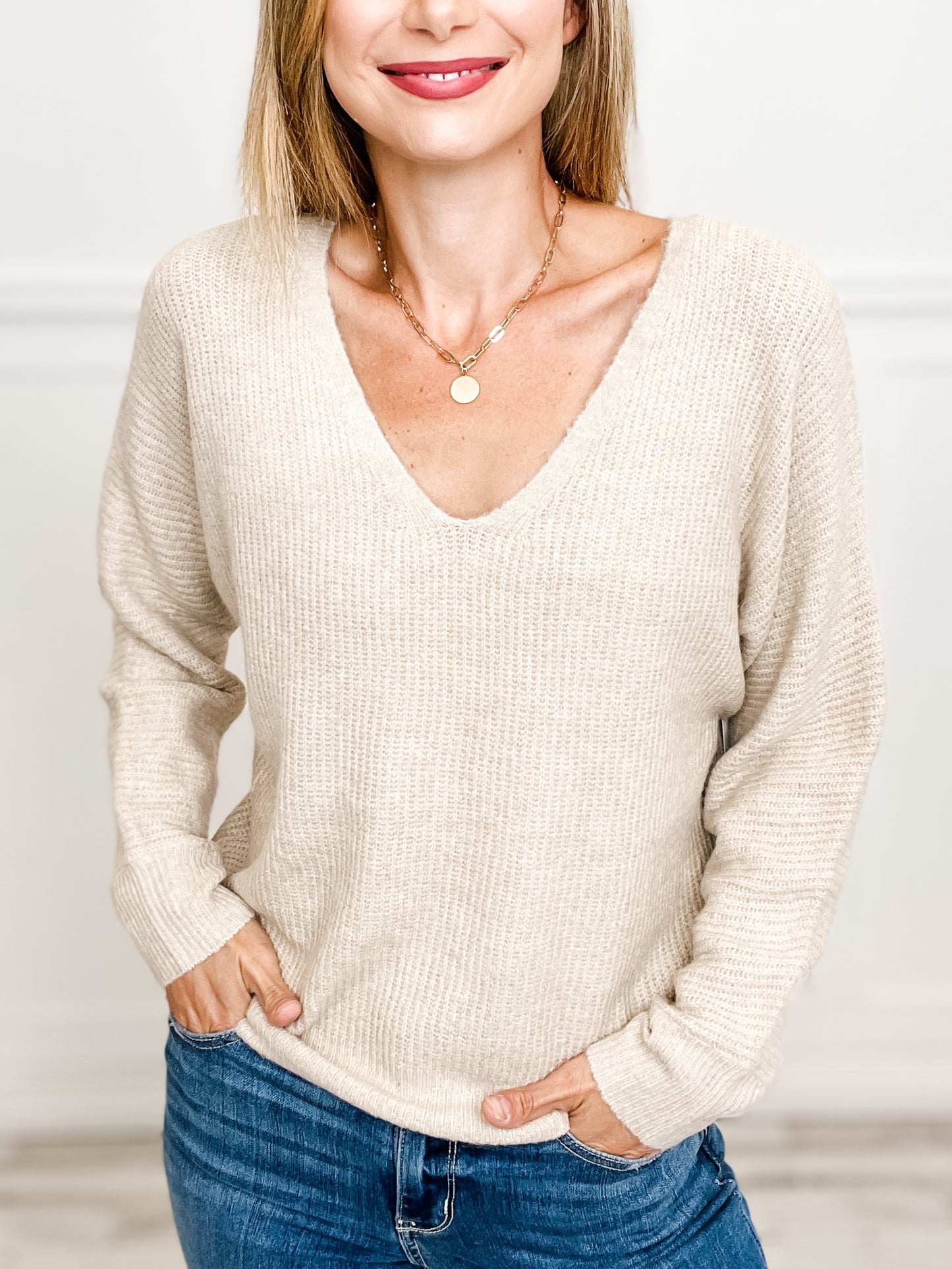 Long Sleeve Ribbed V-Neck Pullover Sweater