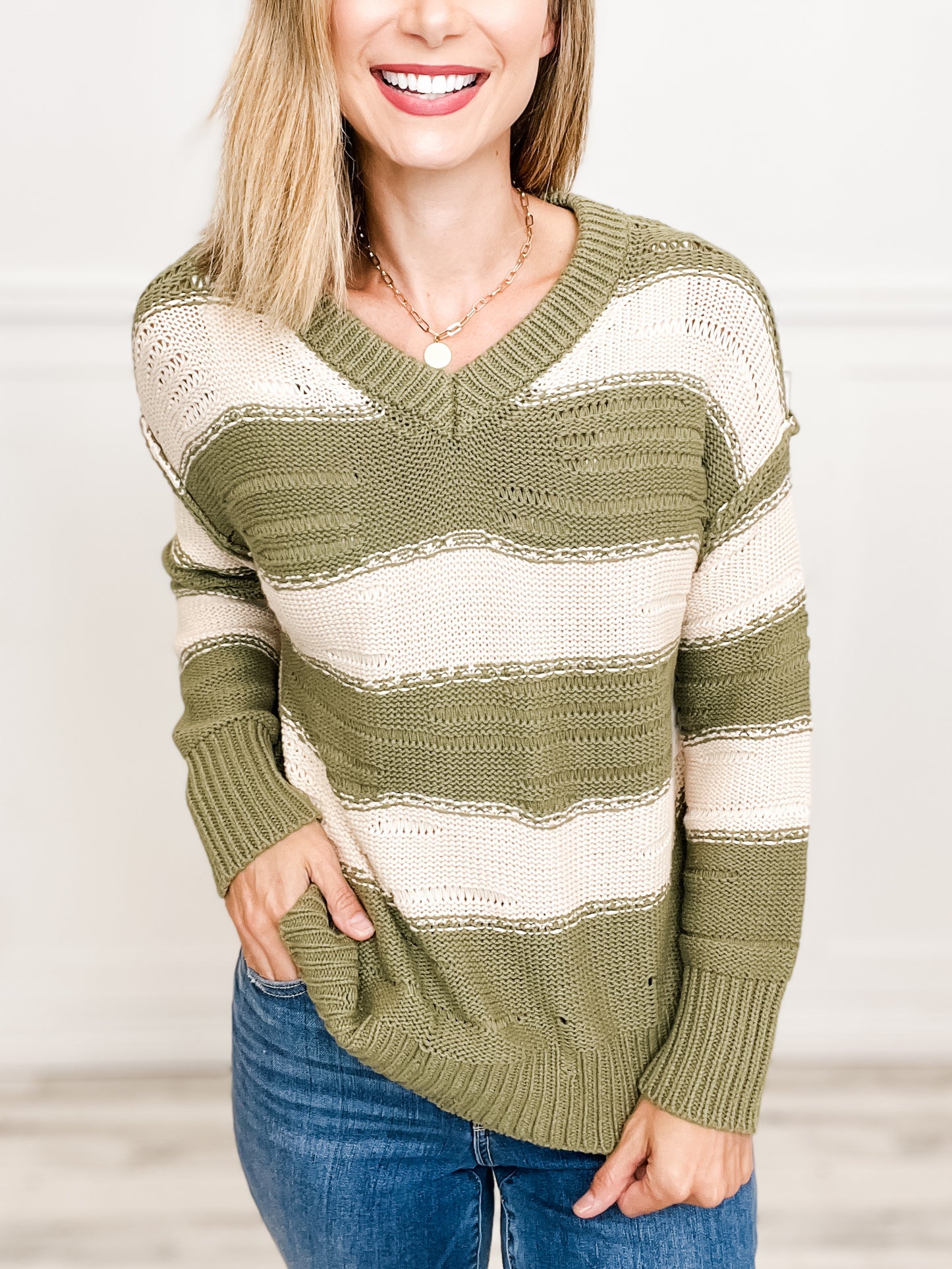 Distressed Detail Bold Striped V-Neck Sweater