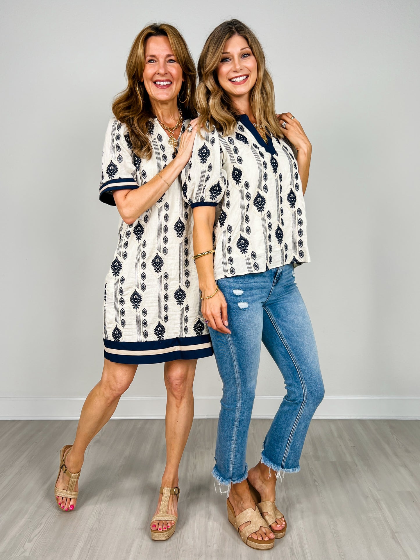 Short Puff Sleeve Woven Embroidered Top with Contrast Detail