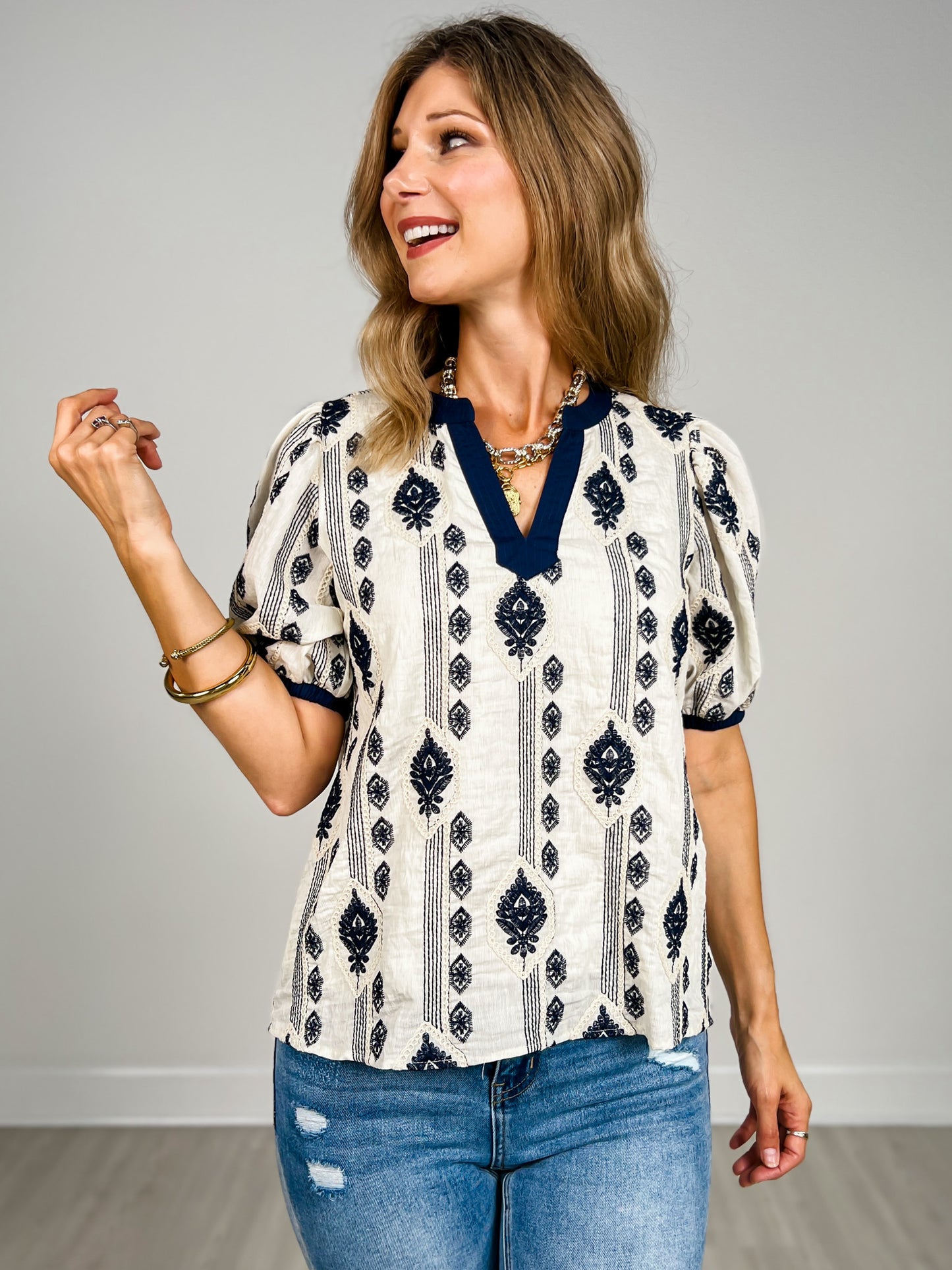 Short Puff Sleeve Woven Embroidered Top with Contrast Detail