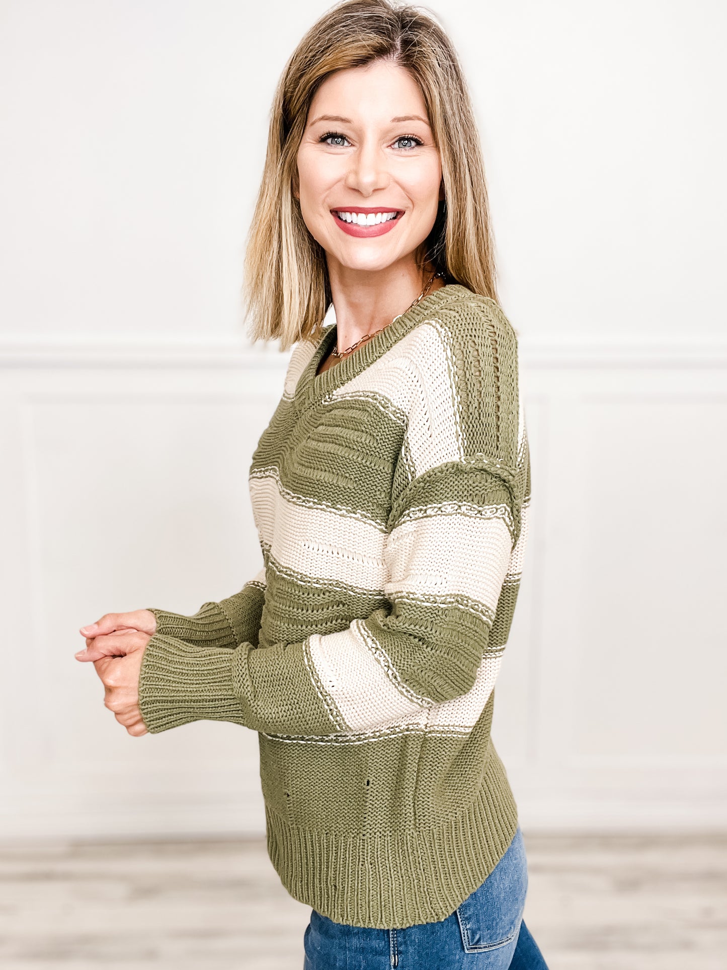 Distressed Detail Bold Striped V-Neck Sweater