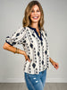 Short Puff Sleeve Woven Embroidered Top with Contrast Detail