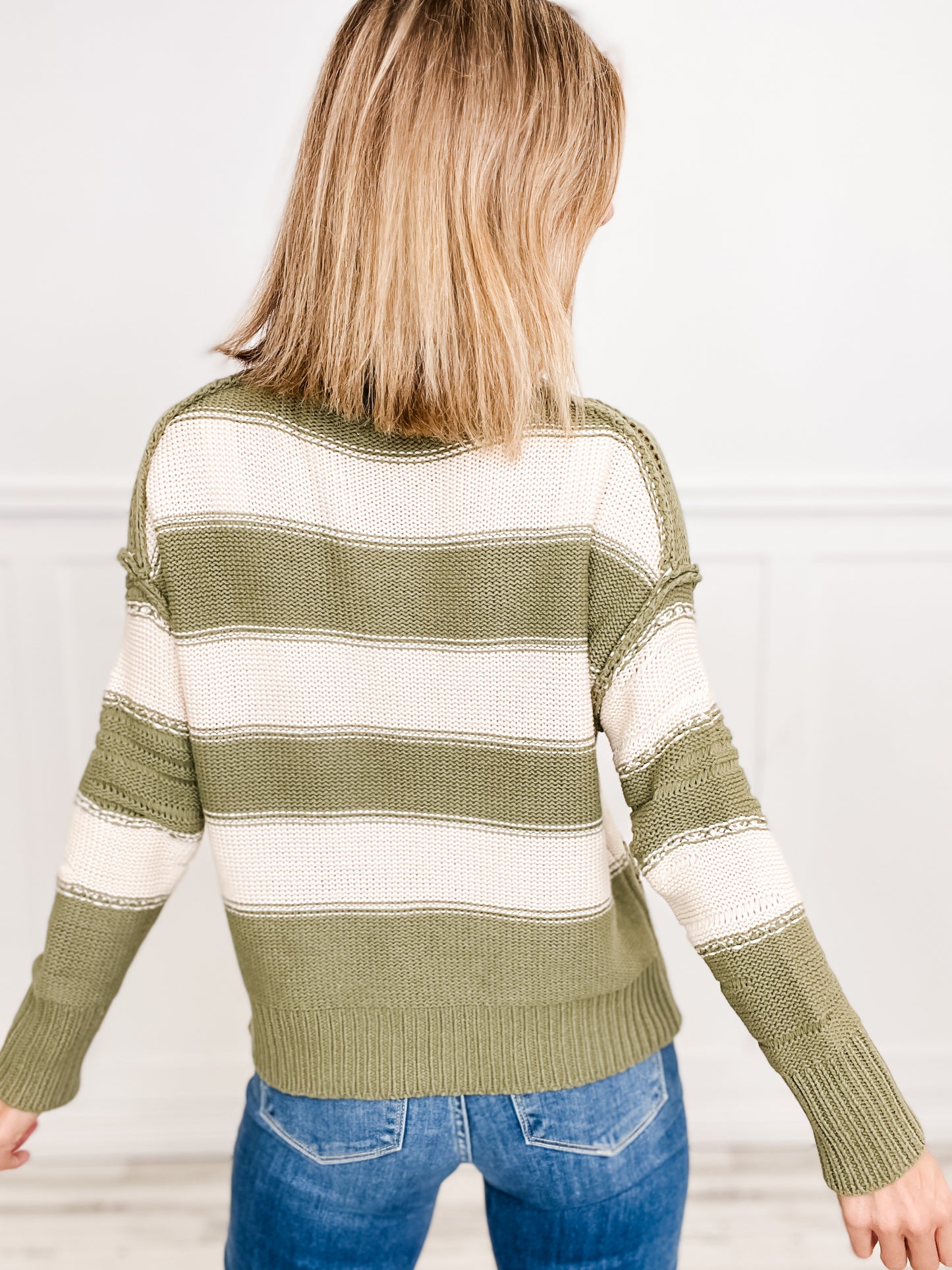 Distressed Detail Bold Striped V-Neck Sweater