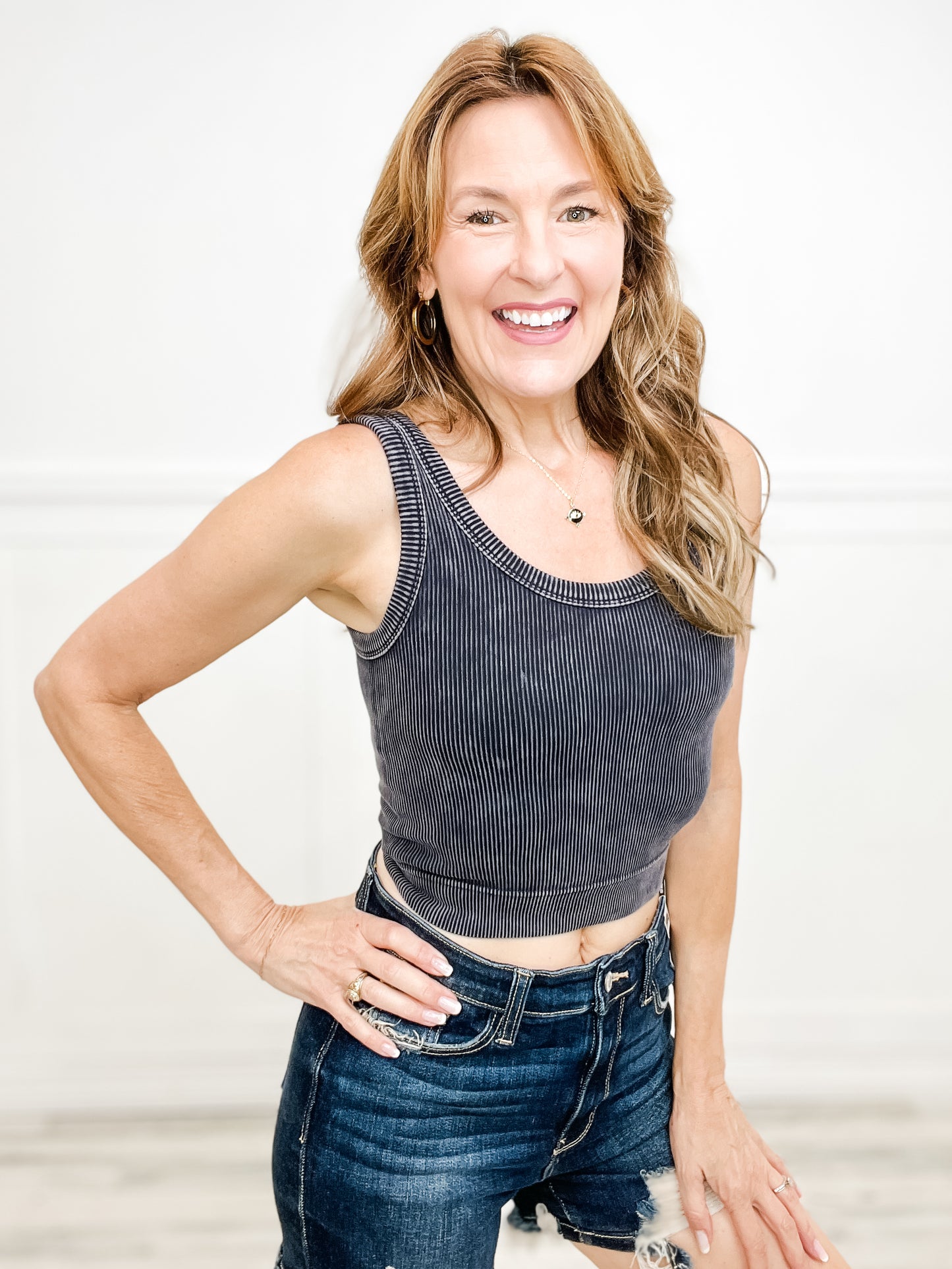 Washed Ribbed Cropped Scoop Neck Tank Top - Group A
