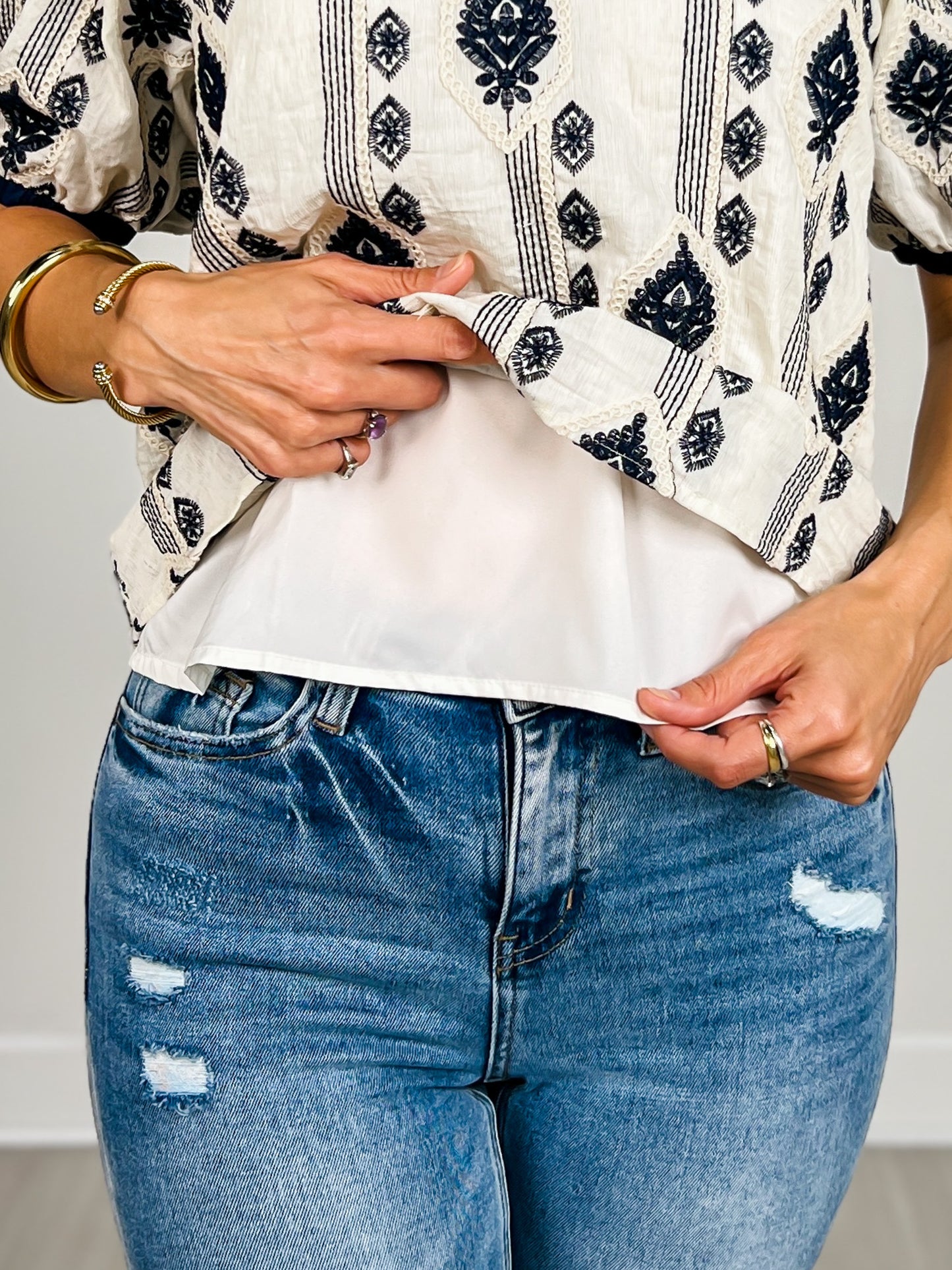 Short Puff Sleeve Woven Embroidered Top with Contrast Detail