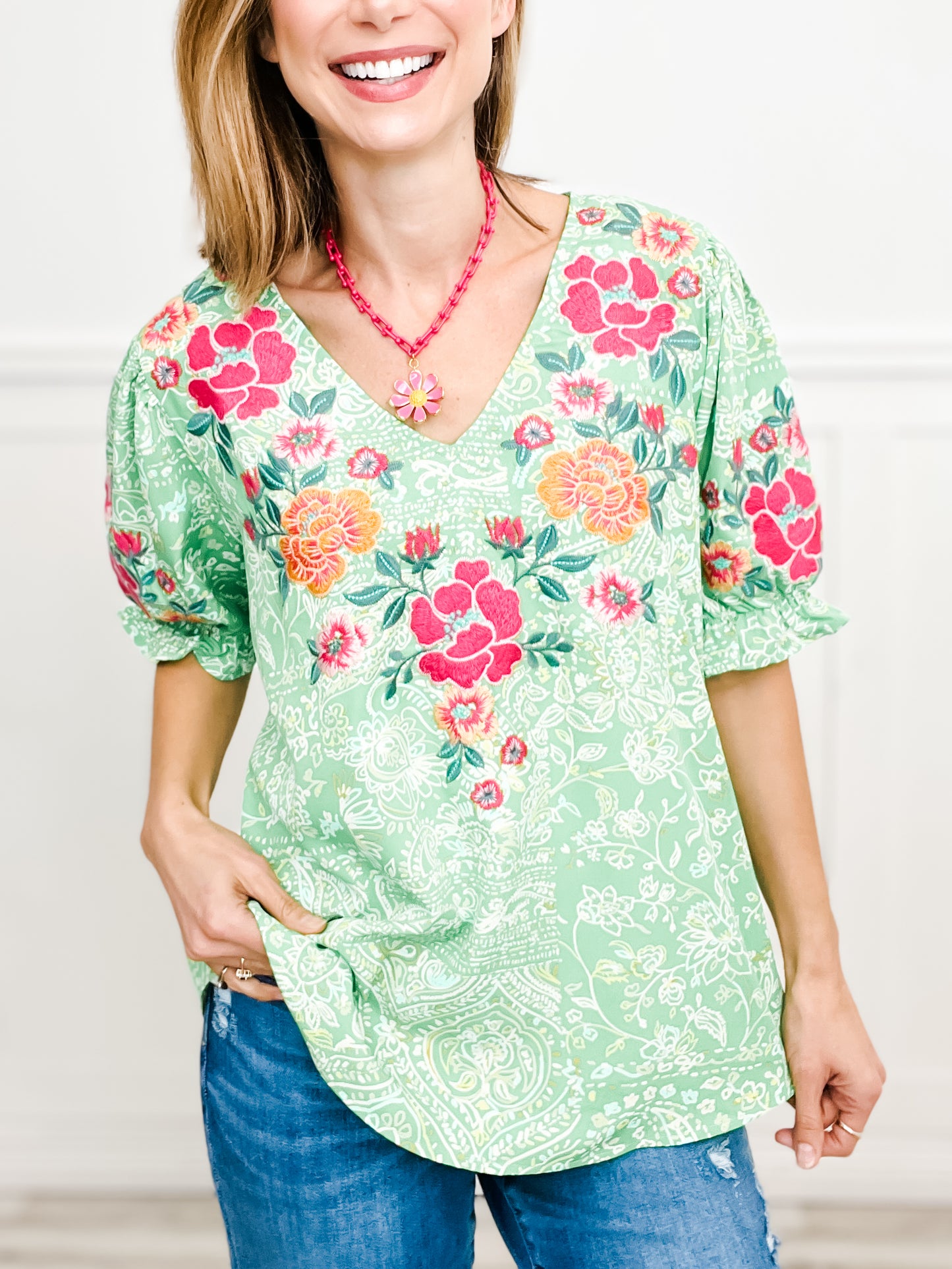 Spring Flowers Embroidered Short Sleeve Top