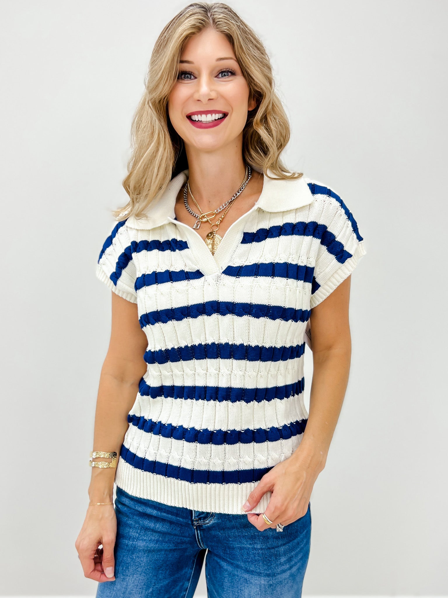 Textured Stripe Collared Sweater Top