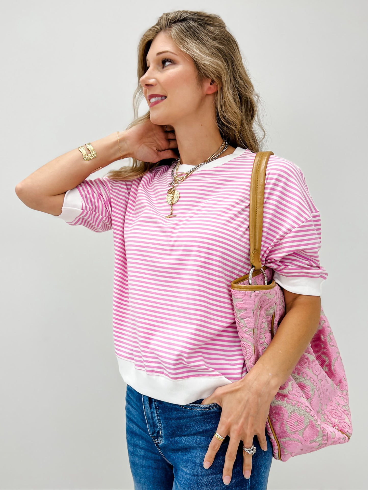 Striped Contrast Trim Rib Banded Top-Grp A