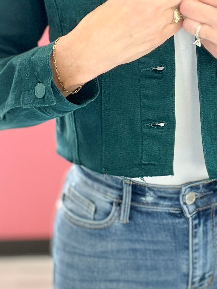 Judy Blue Garment Dyed Grinding Denim Jacket in Teal