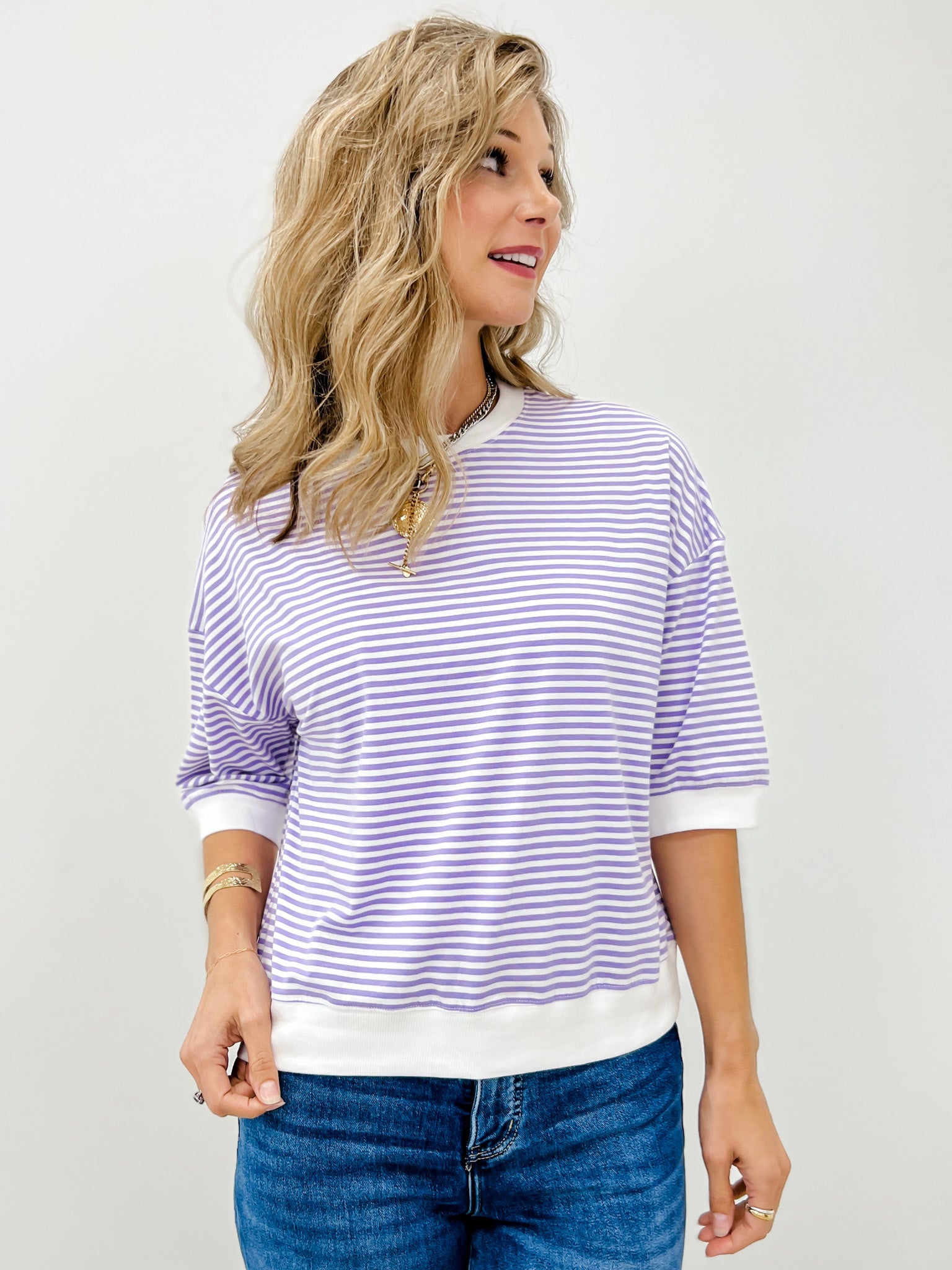 Striped Contrast Trim Rib Banded Top-Grp A