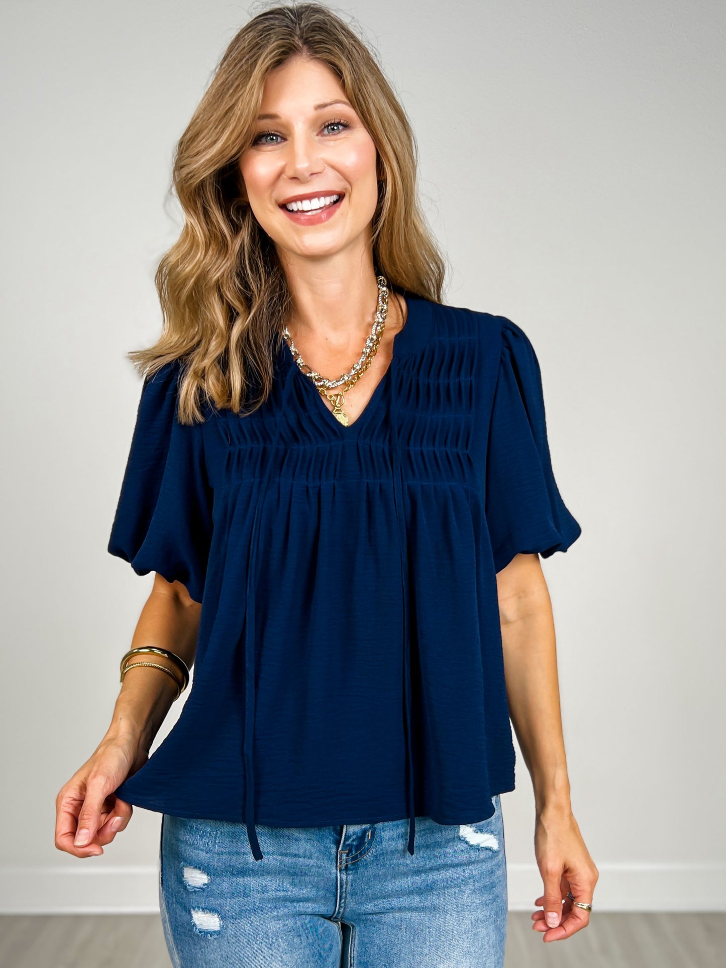Puff Sleeve Woven Pintuck Detail with Neck Tie Top