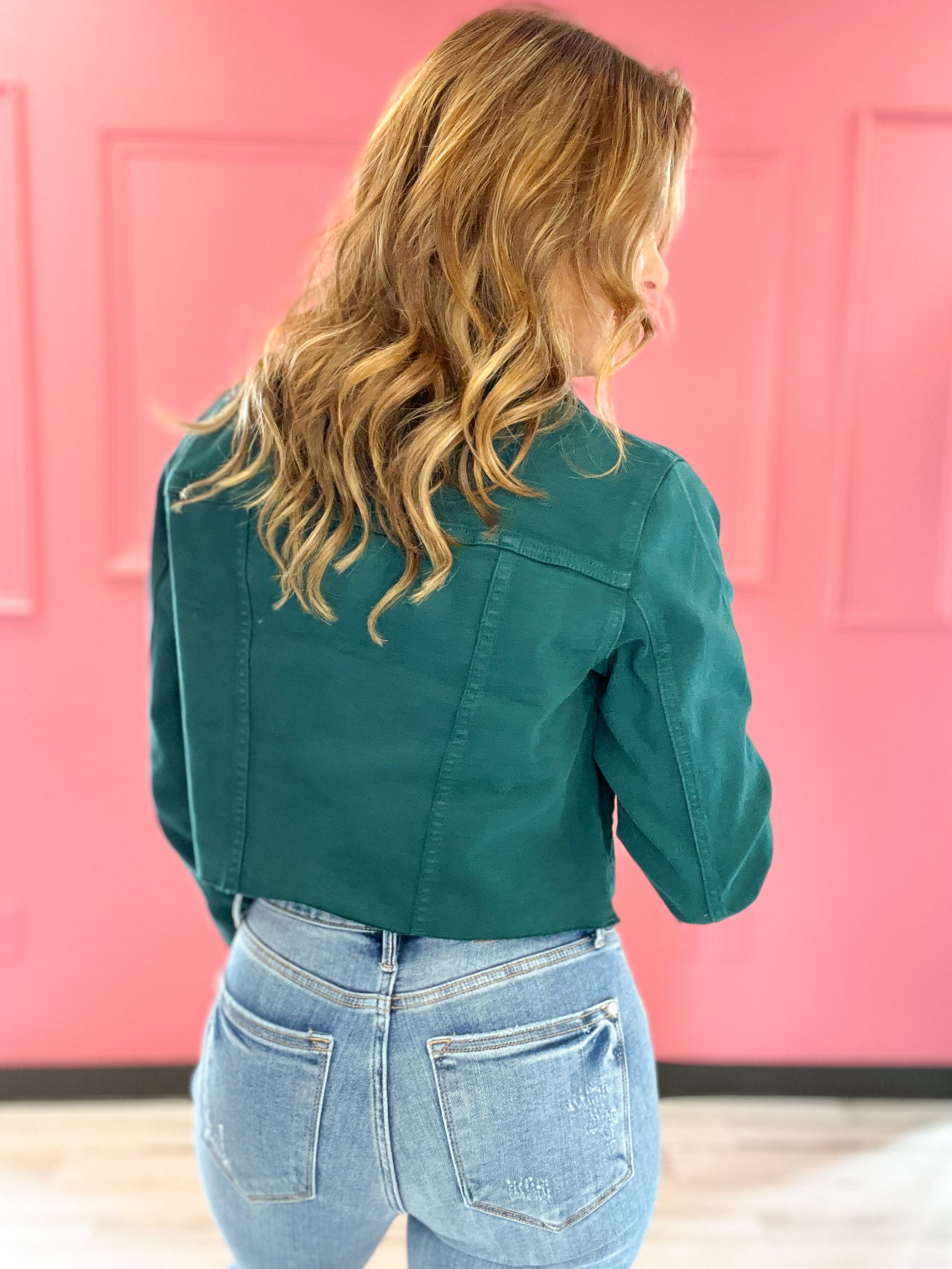 Judy Blue Garment Dyed Grinding Denim Jacket in Teal