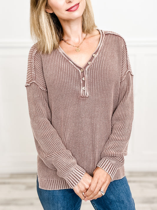 Washed Yarn V-Neck Button Detail Raw Edge Sweater