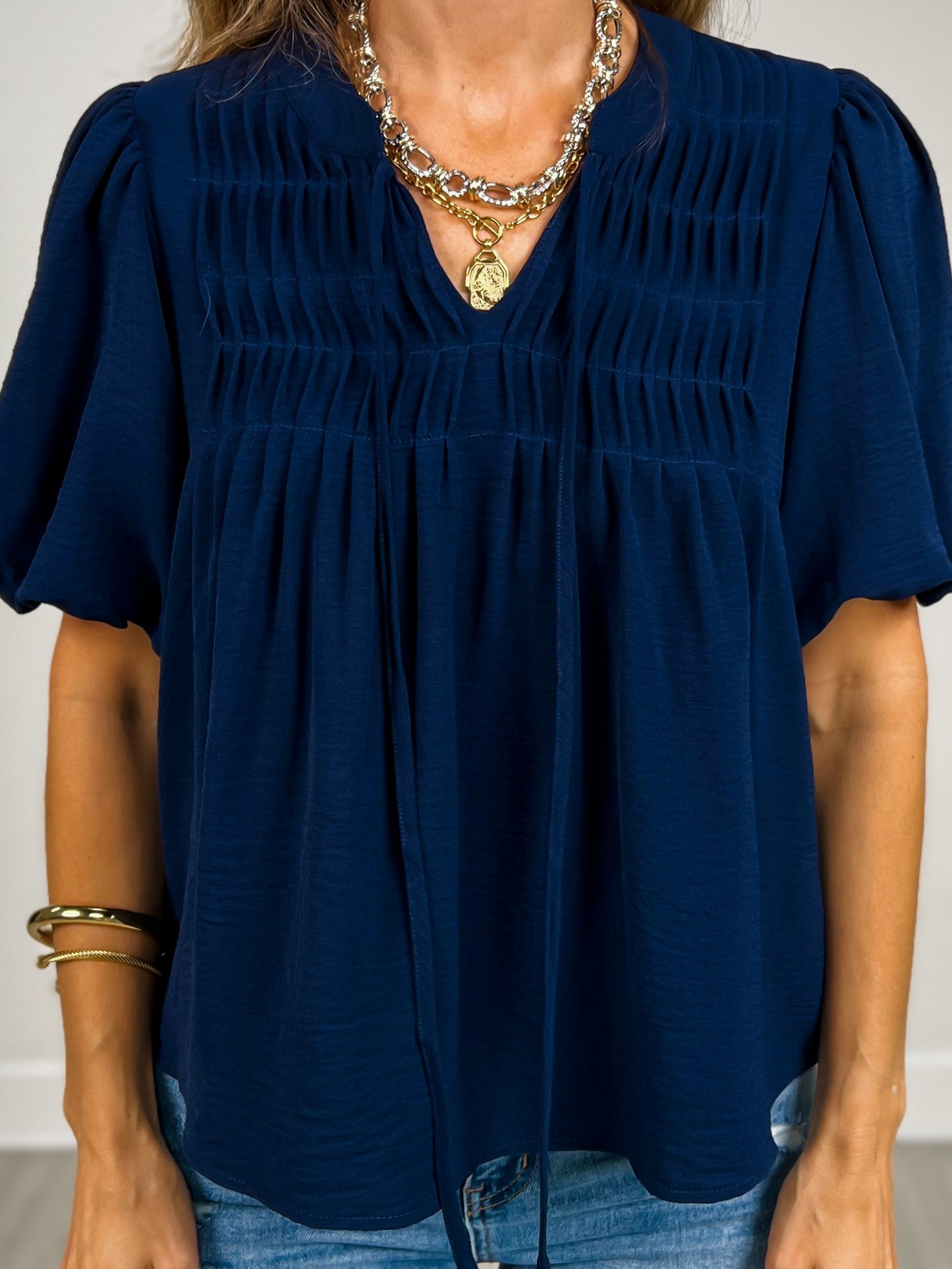 Puff Sleeve Woven Pintuck Detail with Neck Tie Top